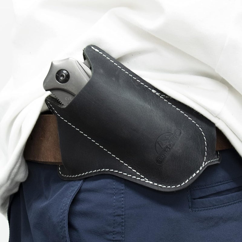 topstache Handmade Leather Pocket Knife Sheath for Belt,EDC Belt Folding Knife Sheath for Man,Cross Draw Left Side Carry Open Top Knife Sheath for 5 inch Folding Knife,Black - Image 2